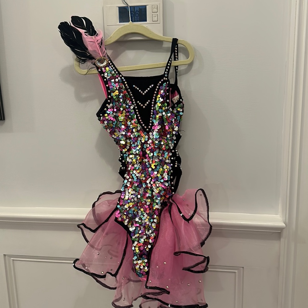 Glamour costumes child MC pink black multi skirted jazz dance costume